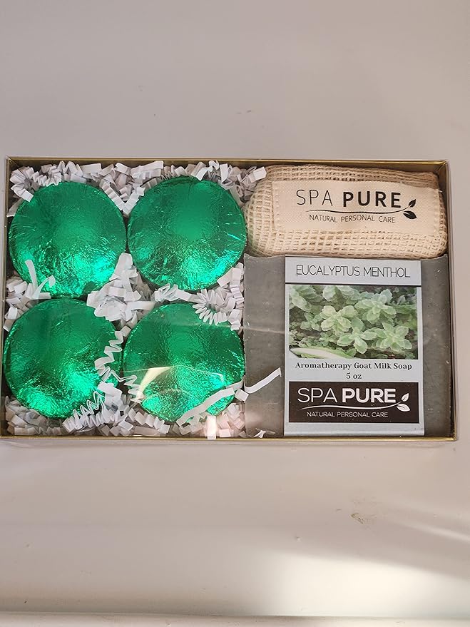 Spa Pure Eucalyptus Menthol Shower Steamers: Aromatherapy Gift Set with Artisan soap, 4 Shower Steamers, made with plant based ingredients, essential oils, all natural