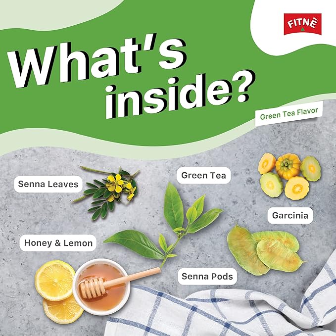 FITNE Green Tea Herbal Honey Lemon With Garcinia Senna Infusion Gentle Detox Cleanse High Antioxidant No Calories Stevia Sweetener, 30 Tea Bags