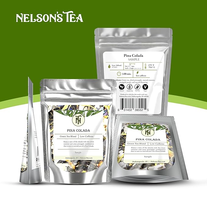 Nelson's Tea - Pina Colada - Green Loose Leaf Tea - Green Tea, coconut, dried pineapple, and marigold petals - 2 oz.