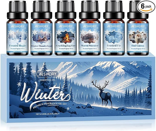 Winter Essential Oils Set, 6 Premium Holiday Fragrance Oil for Diffuser, Candle & Soap Making, Frozen Magic, Winter Wonderland, Hot Cocoa, Frosted Fir, Warm Sweater, Log Fire, Scented Oils for Home