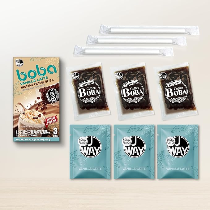 J WAY Instant Vanilla Latte Coffee Kit with Authentic Brown Sugar Tapioca Boba, Ready in Under One Minute, Paper Straws Included - 3 Servings