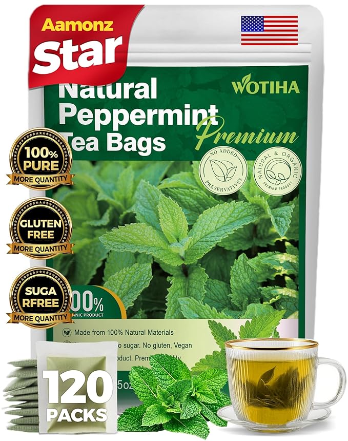 WOTIHA-Natural Peppermint Tea 180g.120 Herbal Tea 100% Natural Peppermint Leaves.Non-GMO • Additive-Free • Caffeine-Free • Sugar-Free • Vegan