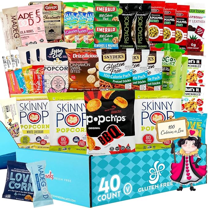 Gluten Free Palace 100 Calorie Snacks Variety Pack – Healthy Snacks Care Package - Low Calorie, Vegan, Protein Bars & Nuts – Food Gifts for Birthday, Adults, College Students & Corporate (40 Count)