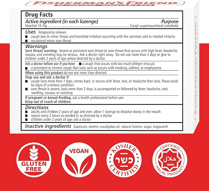 Fisherman's Friend Cough Drops, Cough Suppressant and Sore Throat Lozenges, Original Extra Strong, 10mg Menthol, 228 Drops (6 Packs of 38)