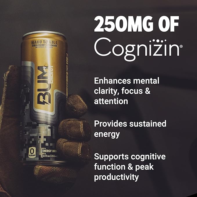 BUM Sugar-Free Energy Drink, Strawberry Lemonade - Lightly Carbonated & No Artificial Colors, Natural Caffeine & Citicoline for Energy, Focus, Brain Boost & Workout Sports Beverage - 12 oz, Pack of 12