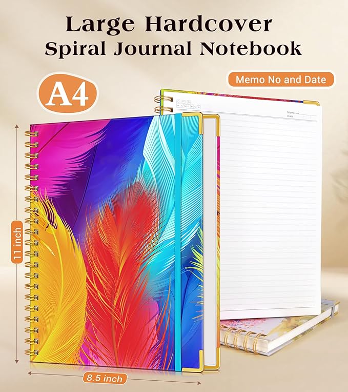 Lined Spiral Notebook Journal for Women, 200 Pages Cute Notebooks 8.5” x 11”, A4 Large Hardcover Spiral Journals with 100 GSM Thick Paper, College Ruled Notebook for Writing Work School, Colorful Feather