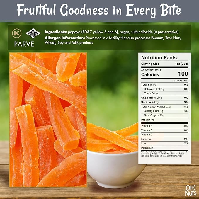 Oh! Nuts Dried Papaya Spears - 2 lb - Dried Fruit Spears - Less Sugar Added - Dehydrated Fruit Bites - Packed in New York Zip-Seal Bag for Exceptional Freshness