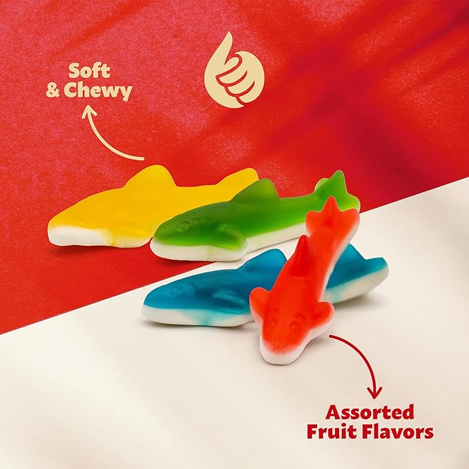 Gummy Sharks Candy Mix | 1 Pound Bag | Assorted Fruit Flavors Shark Gummies | Chewy Gummy Fish for Parties and Candy Buffets | Blue Raspberry, Lime, Lemon, Cherry