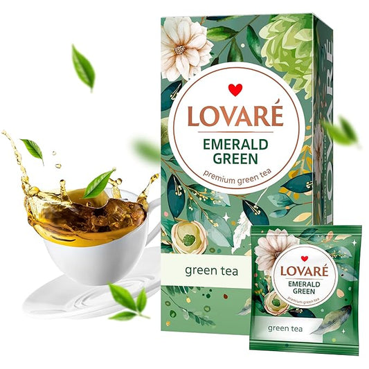 Individually Wrapped Tea Bags By Lovare Made in Ukraine - Green tea, Smooth & Refreshing Green Tea Blend, Gift Box For Blooming Tea Lovers Men & Women - 36 g (24 tea bags x 1,5 g each) (Emerald Green)