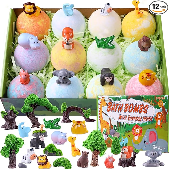 JOICEE Bath Bombs for Kids with Surprise Inside, 12 Pack Organic Natural Bath Bombs with Jungle Animal Toys Mini Model Trees Stones for Boys Girls Birthday Christmas Gift Set