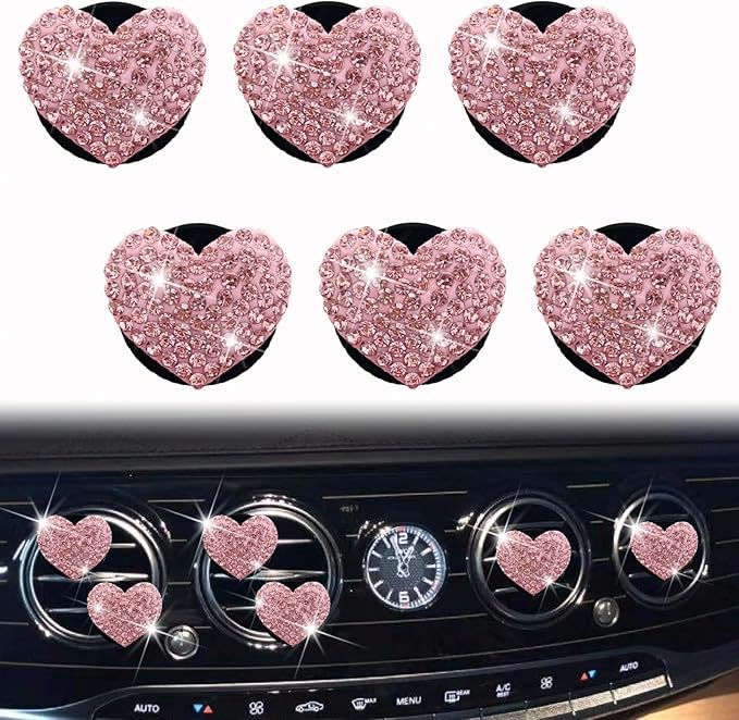 6 Pcs Heart-Shaped Crystal Diamond Air Vent Clip, Heart-Shaped Bling Charms Crystal Car Freshening Diffuser, Car Bling Interior Decorative Accessories for Women (pink)
