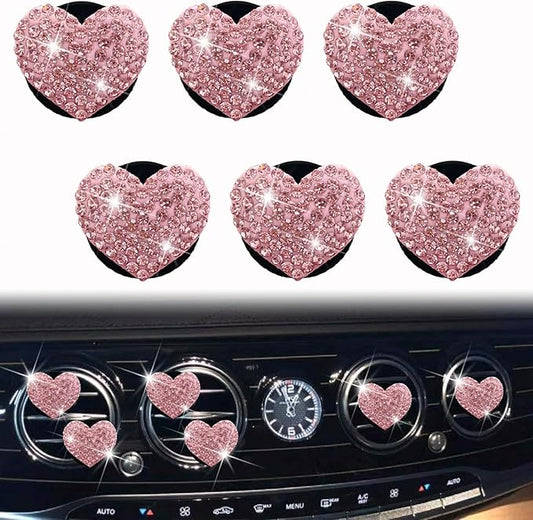 6 Pcs Heart-Shaped Crystal Diamond Air Vent Clip, Heart-Shaped Bling Charms Crystal Car Freshening Diffuser, Car Bling Interior Decorative Accessories for Women (pink)