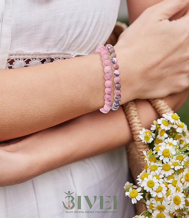 Bivei Natural Gemstone Semi Precious Healing Crystals Handmade Stretchy Round Beads Bracelet, Enhance Positive Energy