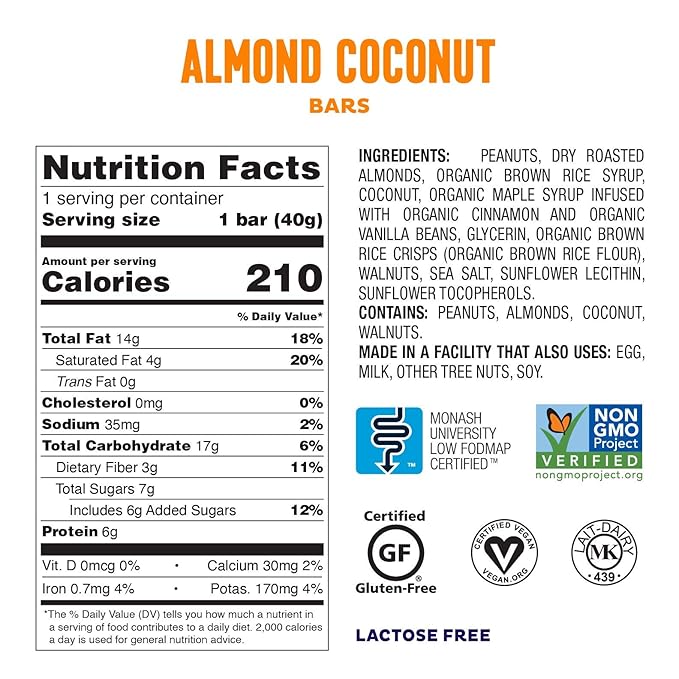 Fody Foods Snack Bars, Almond Coconut, 1.41 Oz (Pack of 6), 6g Protein, Low FODMAP, Gut & IBS Friendly, Vegan, Lactose Free, Non-GMO, Gluten Free