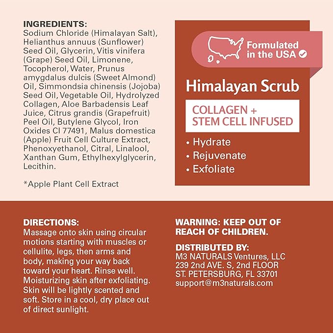 Himalayan Salt Scrub, Face, Foot, and Body Exfoliator with Collagen and Stem Cells, Exfoliating Scrub for Toning, Cellulite, and Skin Care by M3 Naturals 16 fl oz