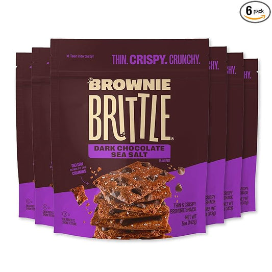 Brownie Brittle – Dark Chocolate Sea Salt Thin and Crispy Sweet Snacks (Pack of 6, 5 oz), Rich Gourmet Brownie Bites Dessert