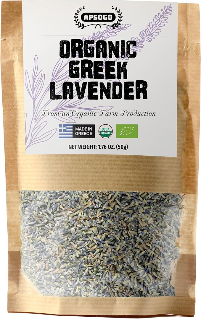 APSOGO Organic Dried Lavender Flowers - Premium Greek Culinary Lavender for Tea, Relaxation & Fragrance - Whole Buds in Resealable Pouch - 1.76oz