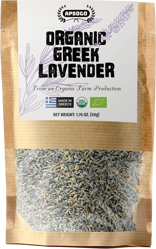 APSOGO Organic Dried Lavender Flowers - Premium Greek Culinary Lavender for Tea, Relaxation & Fragrance - Whole Buds in Resealable Pouch - 1.76oz