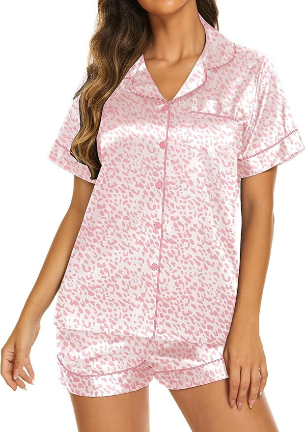 Ekouaer Silk Pajamas for Women Short Sleeve Sleepwear Soft Button Down Loungewear 2 Piece Satin Pjs Shorts Set S-XXL