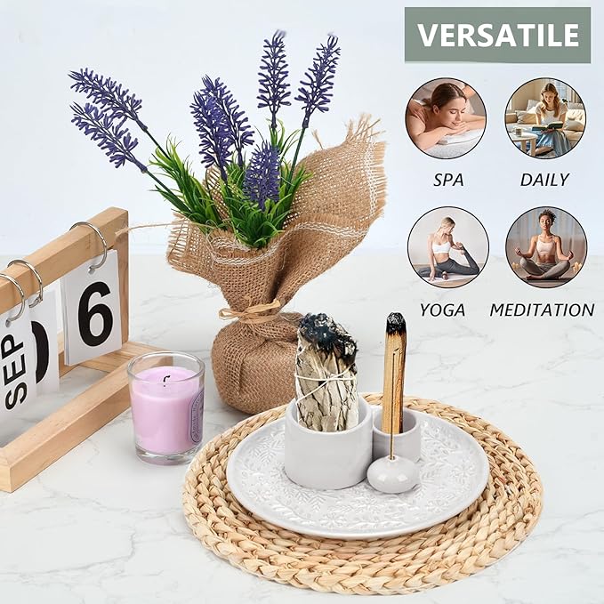 Ceramic Incense Holder Set with Decorative Tray, White, Intricate Pattern Design, 5.9x5.9x2 Inch, for Sticks, Cones, Palo Santo, Sage (White)