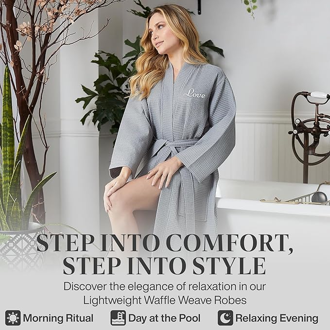 Lotus Linen Waffle Robes for Women - Lightweight Cotton Kimono Bathrobe - Long Soft Spa Bath Robe