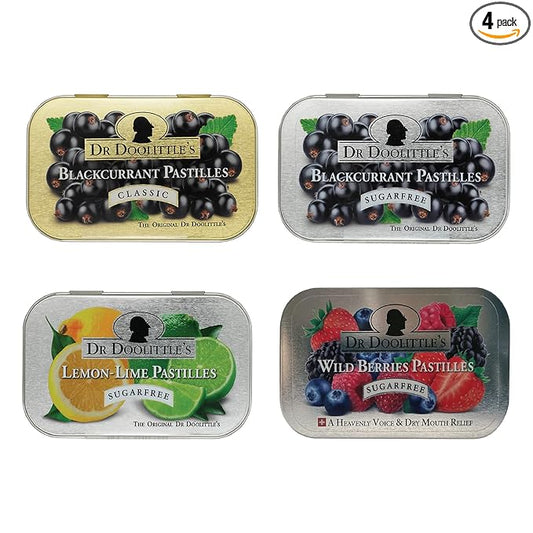 Dr. Doolittle’s Soft Fruit Pastilles Sugar Variety Pack for Voice and Throat, Blackcurrant, Lemon Lime, and Wild Berries, 2.12 Ounce Tin, approximately 25 Count Package, 4 Pack