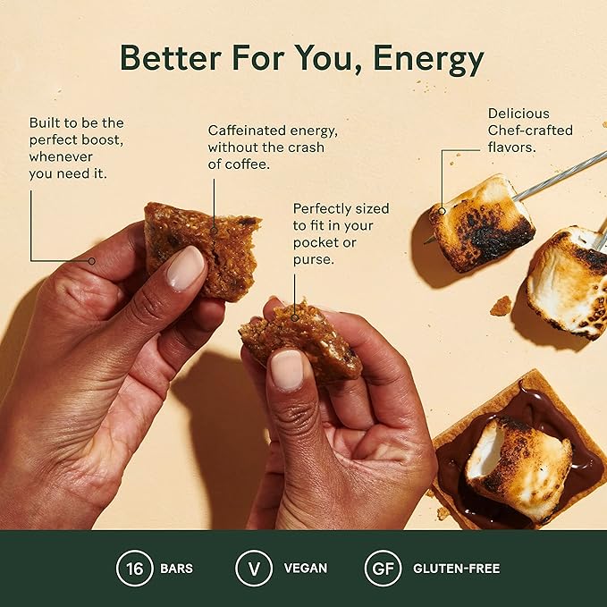 Verb Caffeinated Energy Bars S'mores (26g, Pack of 16) 110-Calorie Delicious Low Sugar Energy Bar - Vegan Gluten Free On-the Go Snack with 80mg Green Tea Caffeine, Only Real-Food Ingredients