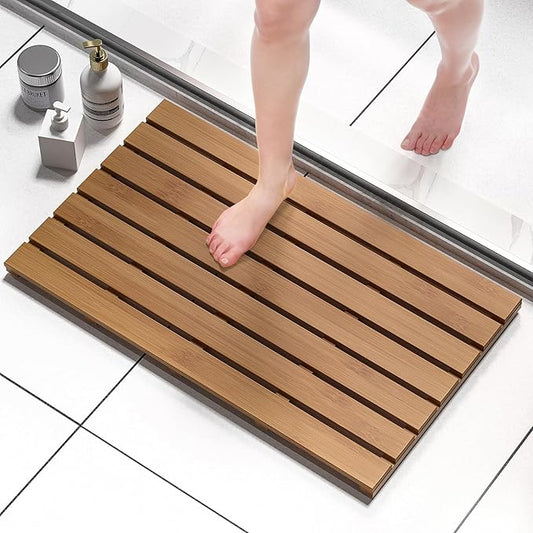 Domax Wooden Bamboo Bath Shower Mat- Non-Slip Waterproof Large Bathroom Floor Mat for Indoor Outdoor (Walnut, 31.3 x 18.1 x 1.5 Inches)