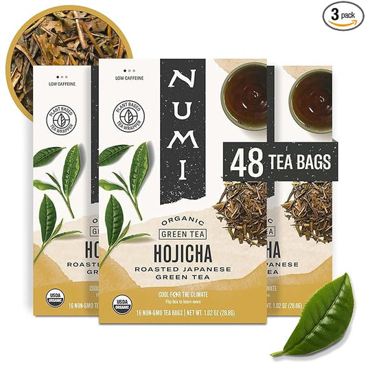 Numi Organic Hojicha Tea, 16 Tea Bags (Pack of 3), Roasted Japanese Green Tea, Caffeinated