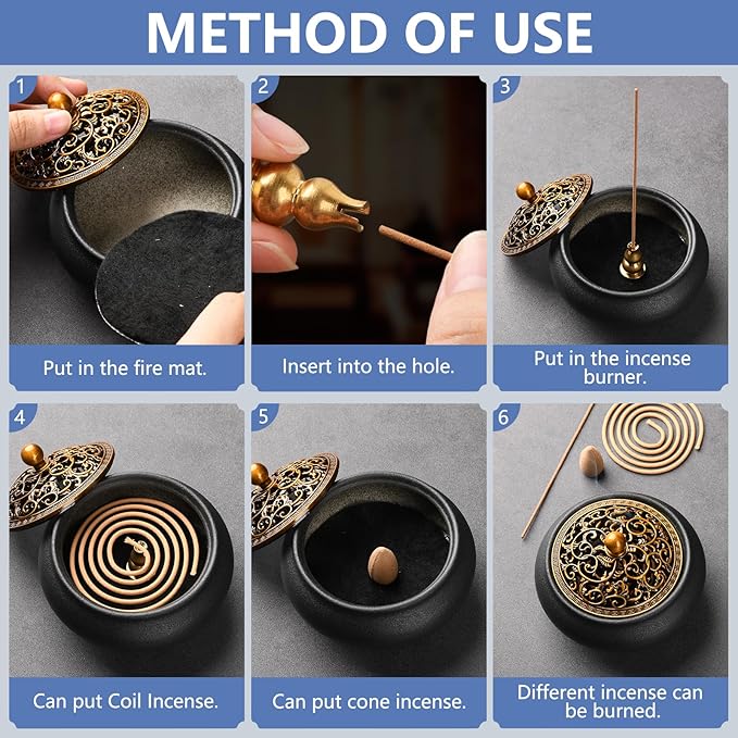 Ceramic Incense Burner with Incense Stick Holder,Use for Stick/Coil Incense,Sage, Mosquito Incense and Charcoal,Handmade for Cleansing House Negative Energy & Other Smudging Rituals (Black)
