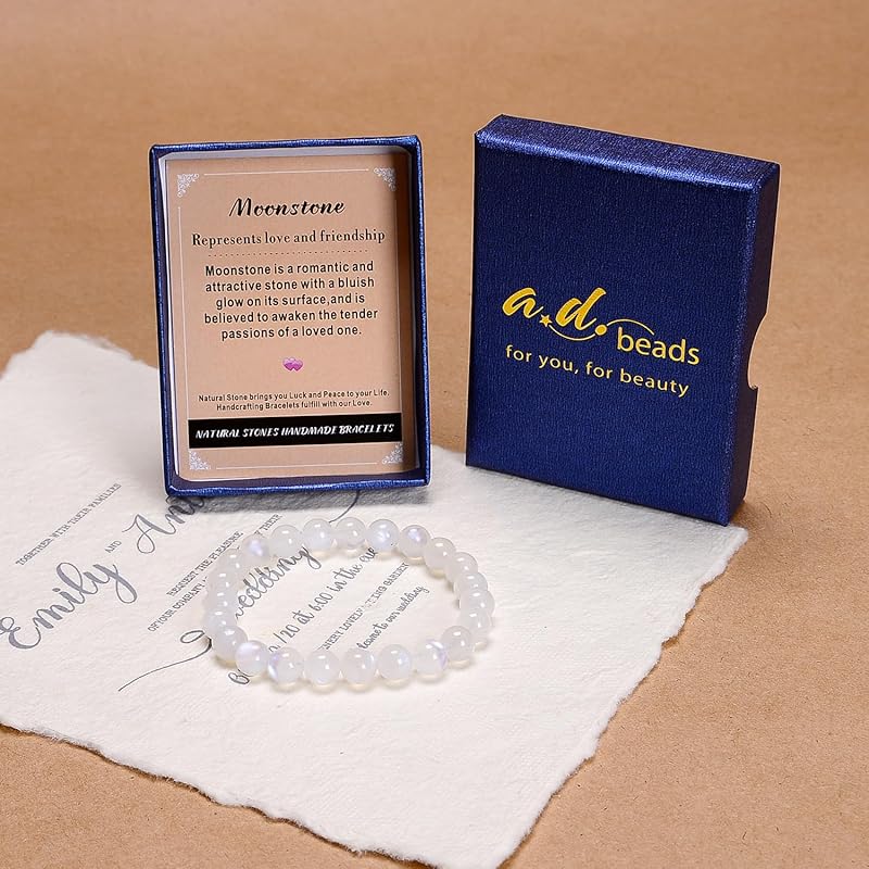 AD Beads Handmade Gemstone Stretch Elastic Bracelet Crystal Healing Reiki Nature's Beauty and Spiritual Essence Unisex (8mm, Moonstone (love and friendship))