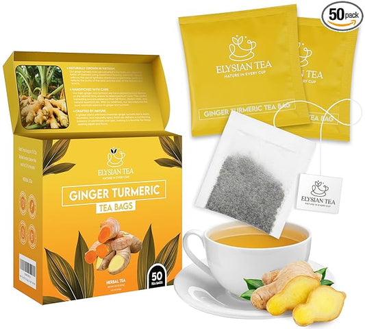 50 PACK Ginger-Turmeric Tea Bags – Individual Wrapped Tea Bags – All Natural Herbal Tea | Caffeine Free | No Preservatives, No Sugar – Great For All Seasons