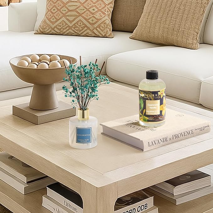 Cocorrína Reed Diffuser Refill Cashmere Vanilla 17oz (500ml) with 8 Rattan Sticks - Premium Long-Lasting Essential Oil, Home Fragrance for Bedroom, Bathroom Home Decor