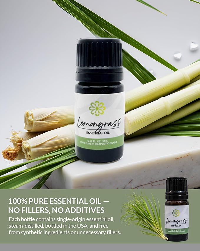 Essence Lemongrass Essential Oil – Pure & Therapeutic Grade – Perfect for Aromatherapy, Diffusers & Recharging Essence Nasal Diffuser Rings – Natural Stress & Mood Support (5mL)