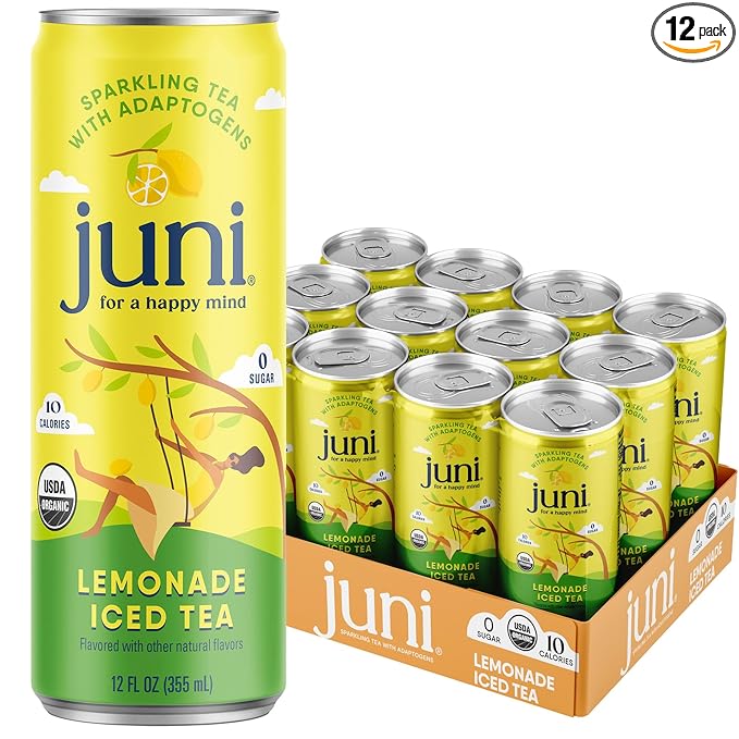 Juni Sparkling Adaptogen Drink with Ashwagandha, Lion’s Mane & Reishi Mushrooms | Green Tea for Focus, Zero Sugar, 10 Calories, Organic | Non Alcoholic Drinks - Lemonade Iced Tea 12 pack
