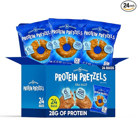Crisp Power Protein Pretzels, Sea Salt, High Protein Vegan Keto Snack, 28 G Plant Based Protein, Low Carb Crunchy Pretzel Snacks, Sugar Free, No Seed Oils, 1.75 oz Bags, 24 Pack