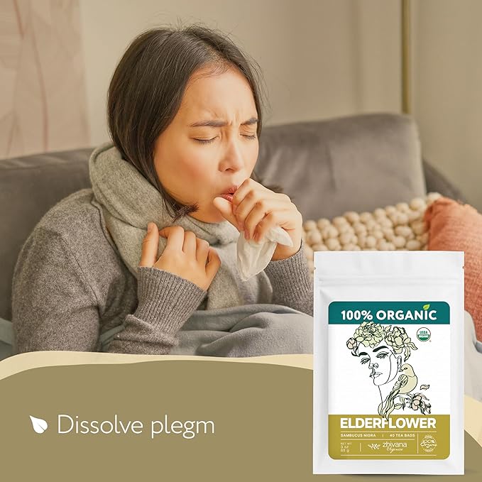 Organic Elderflower Tea Bags - Elder Flowers for Respiratory Health, Immunity - Herbal Tea for Cold Weather Days - Sauco do Flores - Seasonal Blend - 40 Teabags