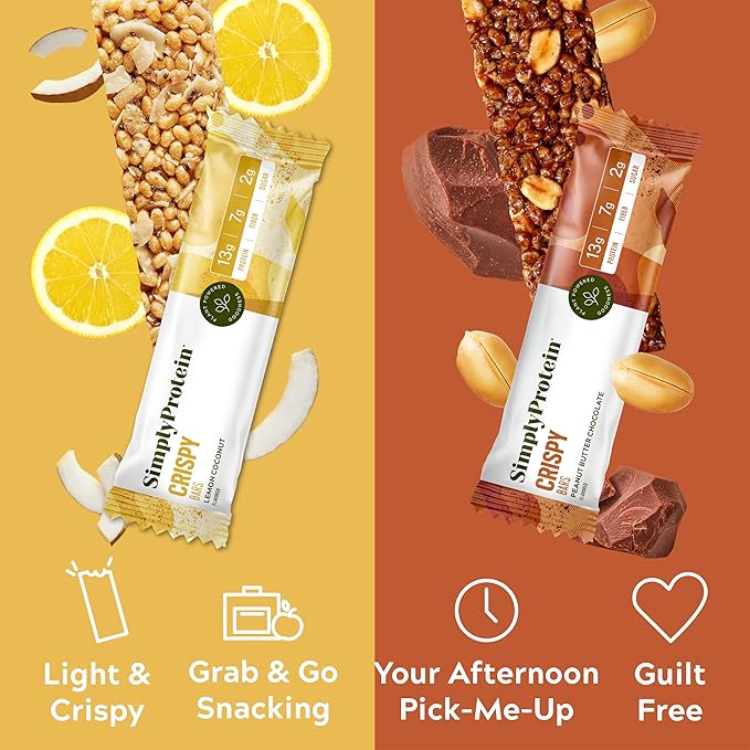 Simply Protein - Crispy Bars Variety Pack, Peanut Butter + Lemon Coconut - Plant Based Protein Bars - 13g Protein, 2g Sugar, 7g Fiber - Vegan, Gluten Free, Non GMO, Kosher - 16 Bars, 2 Boxes