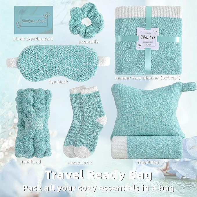 JOOJA Birthday Get Well Soon Cozy Gift Basket Care Package for Women with Blanket, Fuzzy Socks, Eye Mask, Headband Cozy Essentials - Green