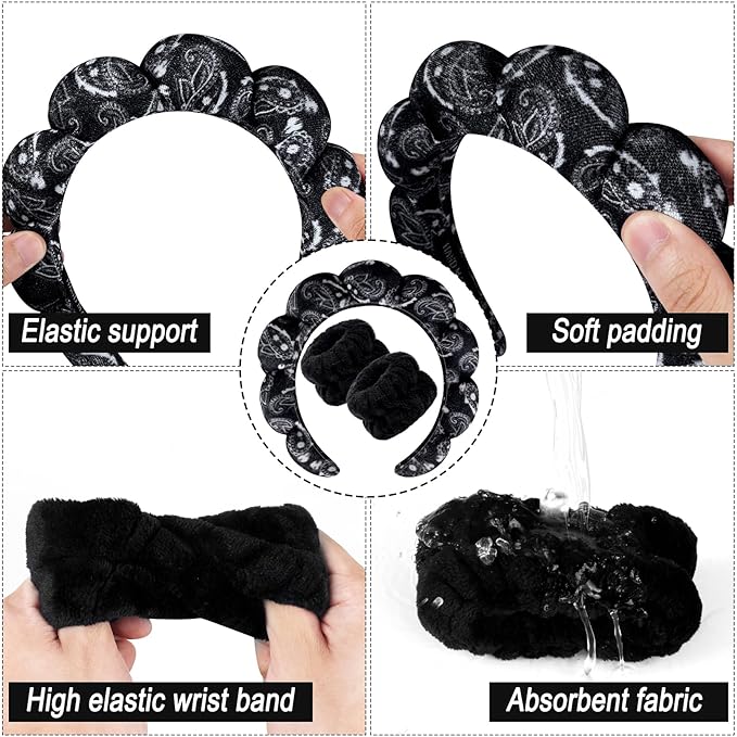 Zkptops Spa Headband for Washing Face Wristband Set Sponge Makeup Skincare Velvet Fabric Bubble Soft Get Ready Hairbands for Women Puffy Headwear Non Slip Thick Thin Hair Accessory(Black Large Nuts)