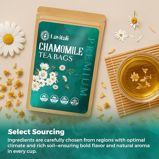 Lavitali, Chamomile Flower Tea| 60 bags, 100% Pure Herbal Tea | Caffeine-Free, Antioxidant-Rich, Eco-Friendly Filter Bag | Daily Natural Botanical, Hot or Iced Floral Infusion