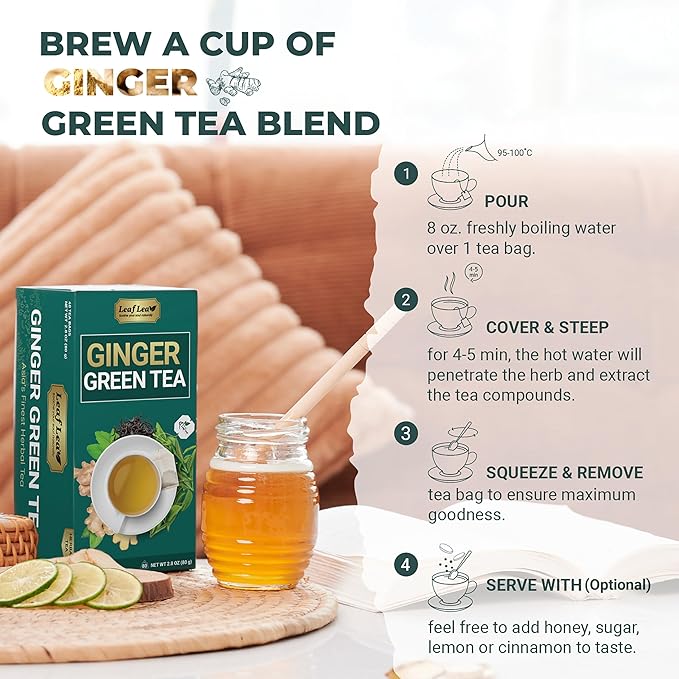 LeafLea Ginger Green Tea, 120 Tea Bags, Premium Green Tea Blend with Pure Ginger Root, Supports Digestive Wellness, Natural Flavor, Low Caffeine, Sugar-Free