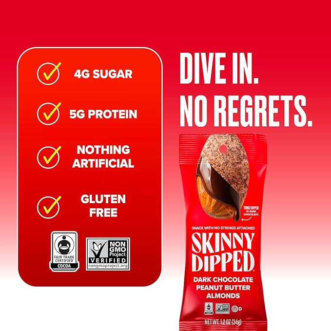 SkinnyDipped Dark Chocolate Peanut Butter Almonds, Chocolate Covered Almonds, Low Sugar, Gluten Free, Healthy Snack, 1.2 Ounce Bags (Pack of 15)