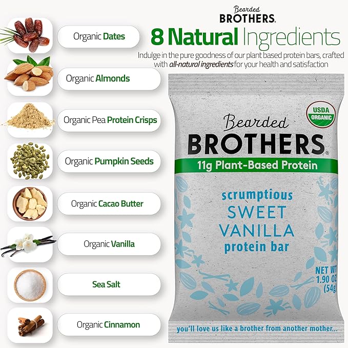 Bearded Brothers Organic Protein Bars, Dark Chocolate and Vanilla (10 Pack) - Plant Based Protein, Gluten Free, Vegan