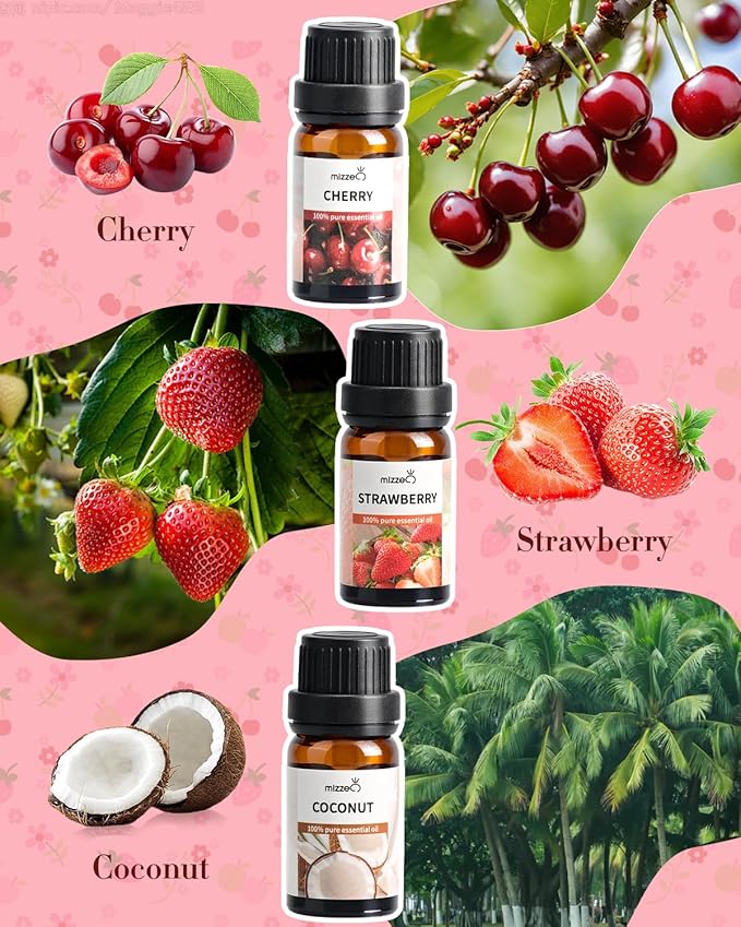 MIZZEO Fruity Essential Oil Set, Premium Pure & Natural Aromatherapy Essential Oils for Diffuser for Home, 3 * 10 ML Diffuser Oil Gift Set- Cherry,Strawberry,Coconut