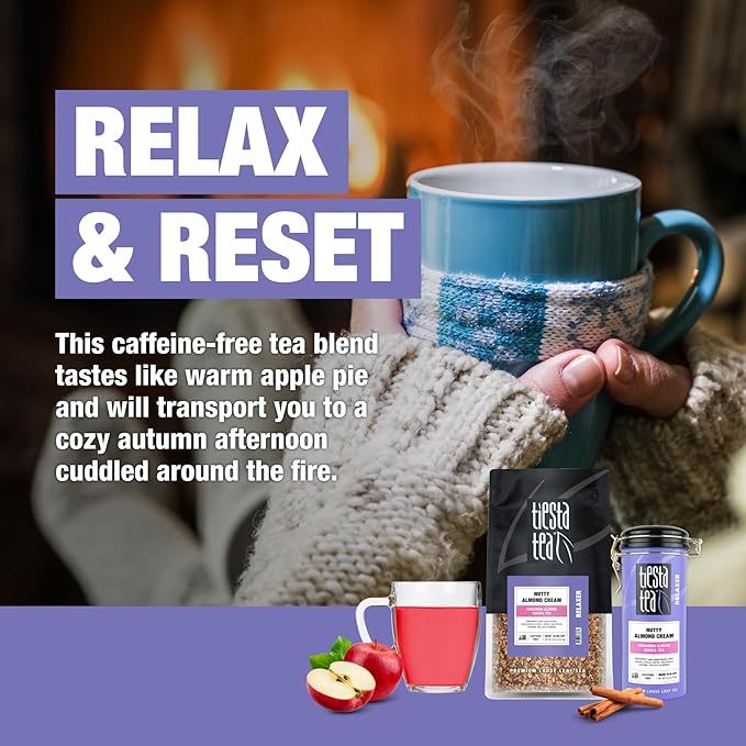 Tiesta Tea - Nutty Almond Cream, Premium Loose Leaf, Cinnamon Almond Herbal Tea Blend, Non-Caffeinated, Make Hot or Iced & Brews Up to 250 Cups, 16oz Bulk Pouch & 6.2oz Refillable Tin Combo