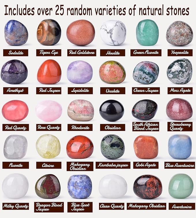 Polished Stone Set Mixed Crystals, 1.2" - 2.5 lbs, 25 Types of Extra Large Size Tumbled Gemstones and Crystals Bulk for Healing, Reiki, Meditation, Witchcraft