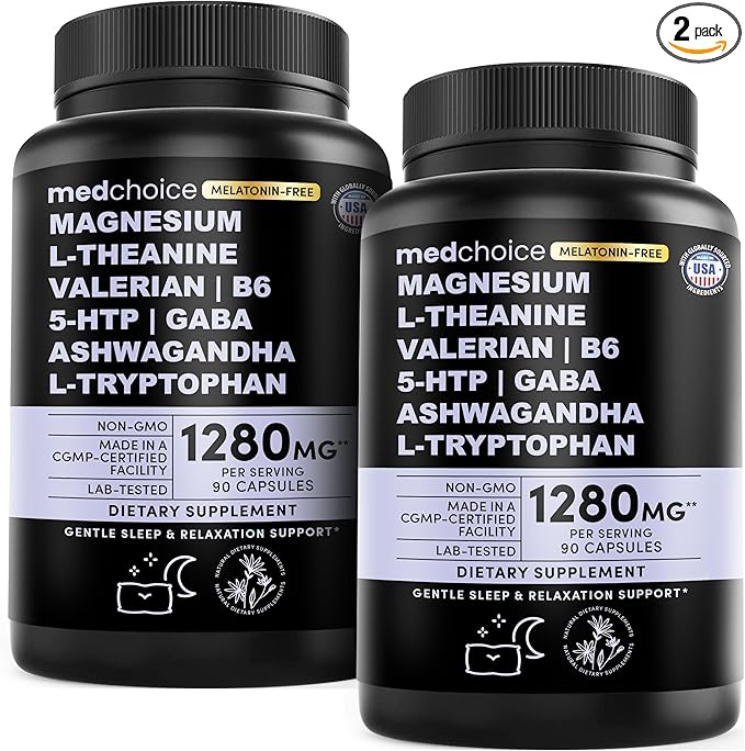12-in-1 Sleep Support Capsules - Melatonin-Free, Non-Habit Forming Sleep Supplement with a Balanced Blend of Magnesium, Ashwagandha, L-Tryptophan, Valerian Root, GABA, 5-HTP (90 Capsules, Pack of 2)