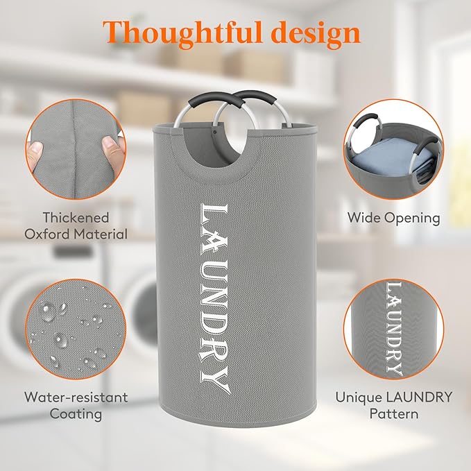 Lifewit 100L 2-Pack Large Laundry Basket, Collapsible Laundry Hamper with Aluminum Handles, Waterproof Freestanding Dirty Clothes Hampers for Laundry Room Bedroom Dorm Bathroom, Silver Grey