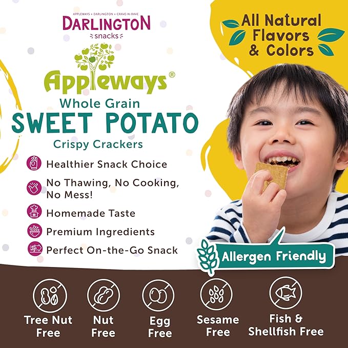 Appleways Sweet Potato Crackers, Bulk Pack of 4 Bags (20 oz Each), All-Natural Whole Grain Crackers, Healthy Snack for Kids & Adults, Kosher Certified Kids Lunch Snacks, Made in USA